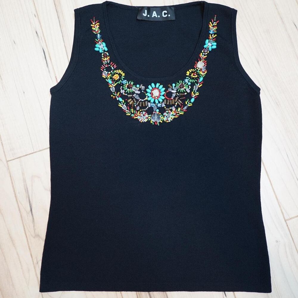 J.A.C. Black Beaded Turquoise Floral Necklace Tank Top Y2K Boho Glam M